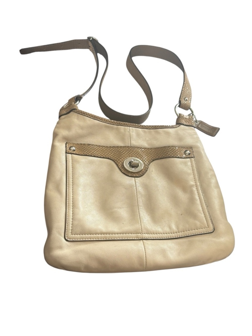 Coach Leather Shoulder Bag Camel Tan Beige Turnlock Adjustable Strap Crossbody